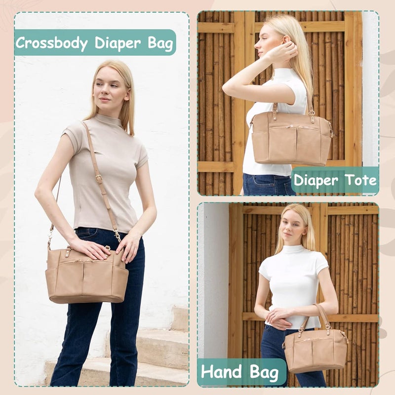 MOMINSIDE Small Diaper Bag, Mini Diaper Tote, Leather Diaper Bag Purse, Crossbody Baby Bag with 13 Pockets, Diaper Clutch for Women Mom, 2 Insulated Pockets(Camel) - Image 2